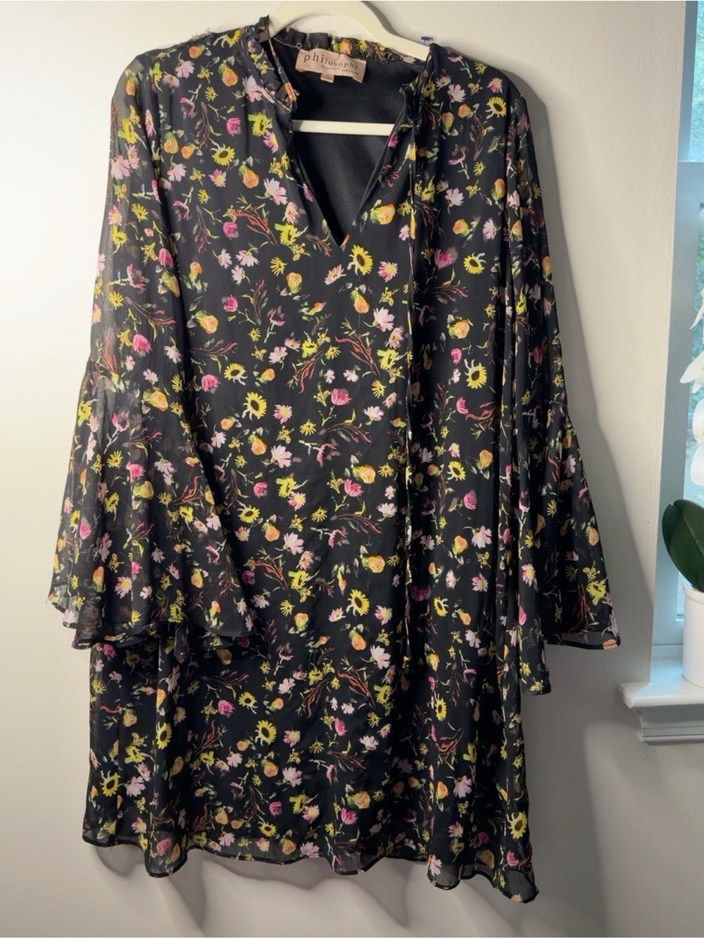 Philosophy Black Floral Bell-Sleeve Tunic Dress